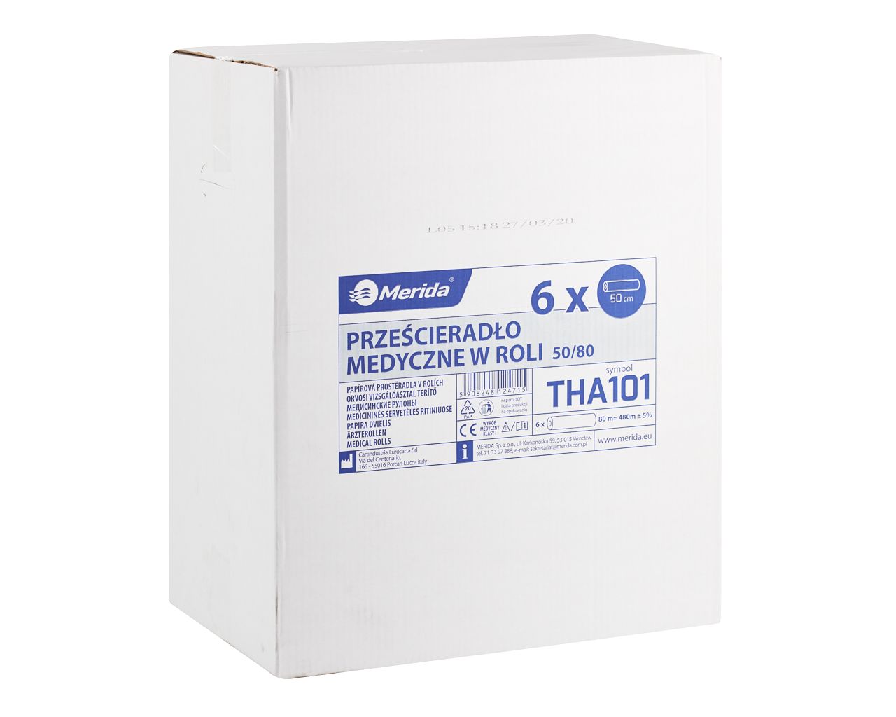 THA101 Лист медицинский рулонный, целлюлозный, двухслойный, ширина 50 см, длина 80 м, СУПЕР БЕЛЫЙ, в картонной коробке 6 шт. Merida 