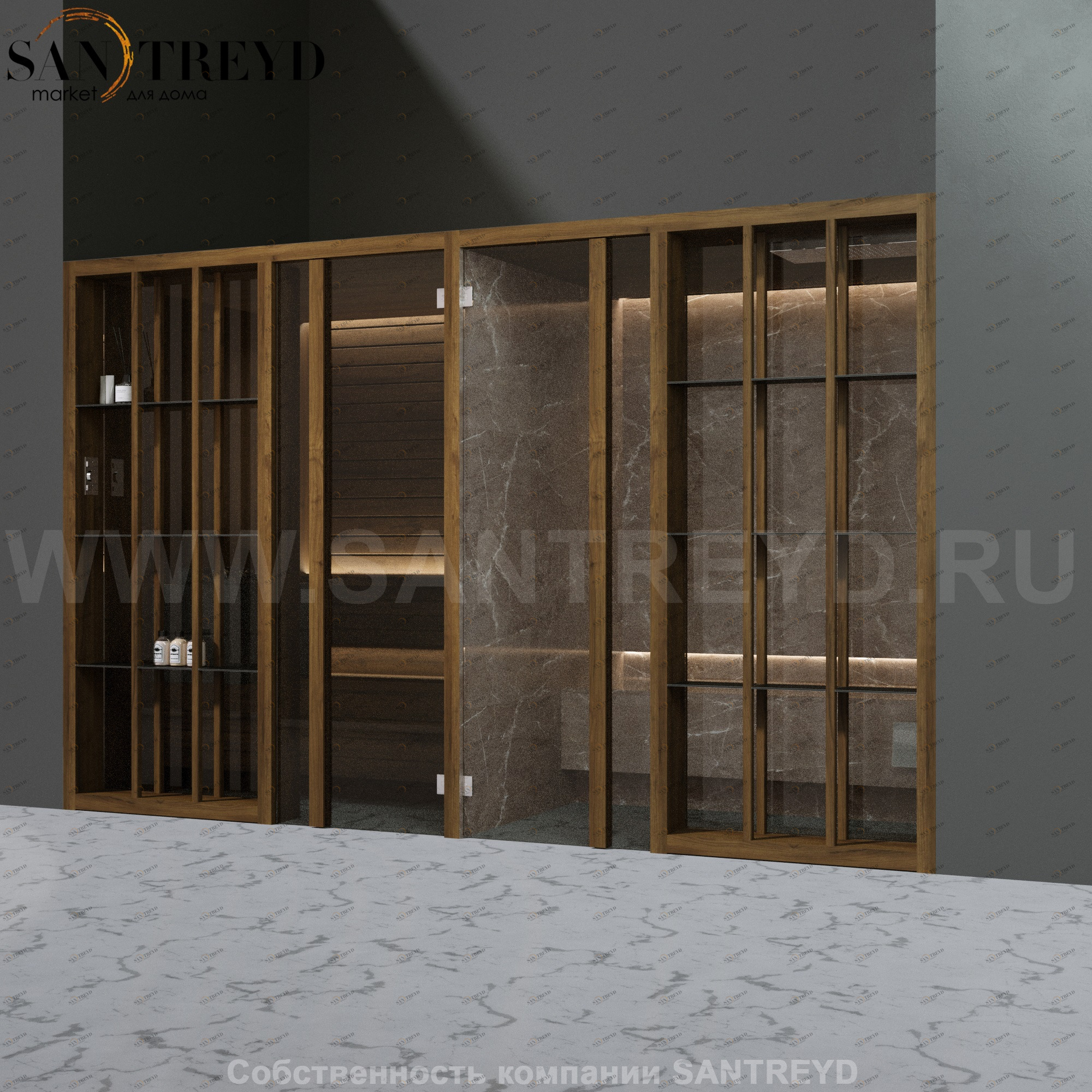 Effegibi YOKU.S SH YO.10320001 Комбинированная баня: хаммам и сауна. Установка: в нишу. Мощность: 10,5 кВт макс. Размеры: длина 342 см, ширина 170 см. Отделка: чёрный орех и темный керамогранит YO10320001