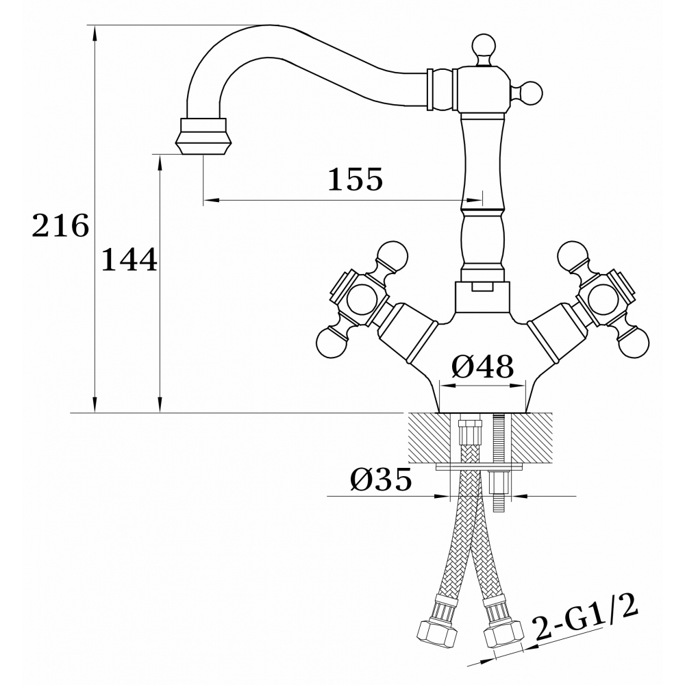 GZ 09012E Смеситель для раковины двухвентильный Ganzer Золото Ganzer Германия 14047 - Вид №2
