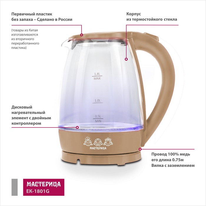 8157388 Электрочайник Мастерица ЕК-1801G коричневый STDN-0050144 - Вид №1
