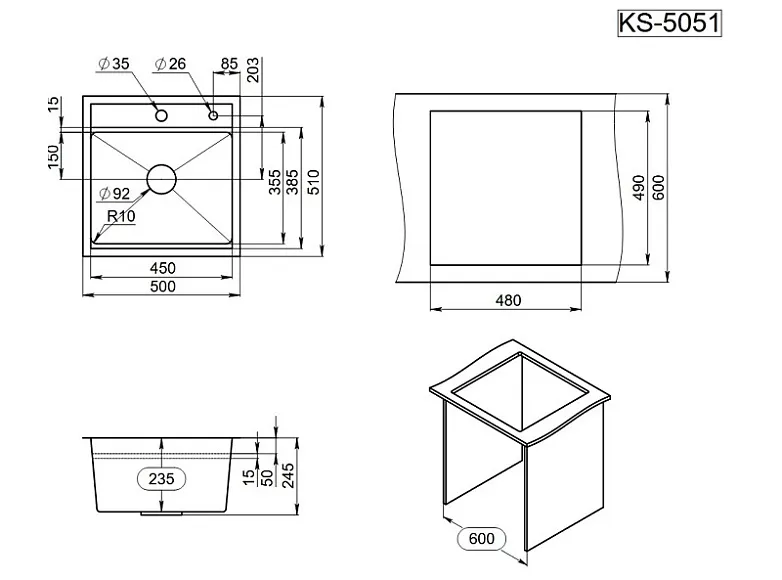 KS-5051, СТАЛЬ САТИН, стальная кухонная мойка KITCHEN SPACE GRANULA KS-5051-ST339 - Вид №3