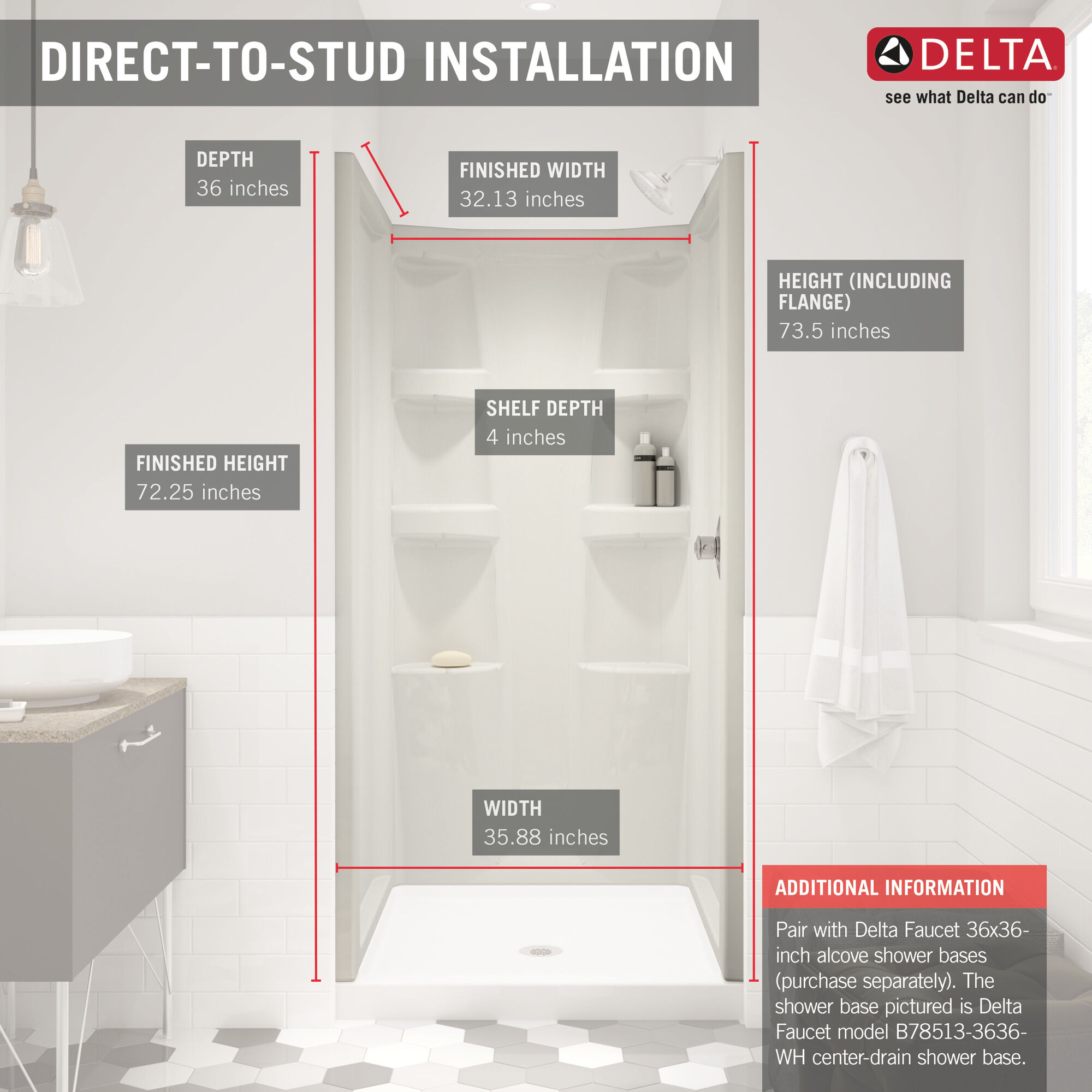 ProCrylic 36 дюймов душевая кабина Delta Faucet B67513-3636-WH - Вид №5