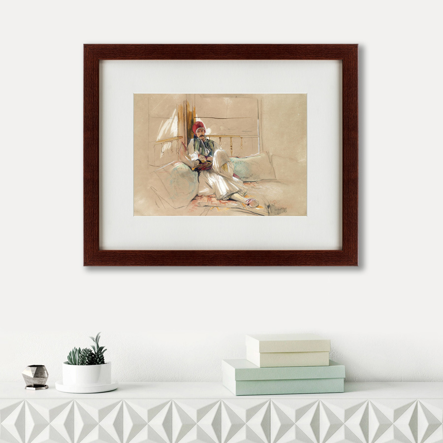 Картина в деревянной раме 52х42 см A Corfiot Warrior Reclinnig 1840 г КАРТИНЫ В КВАРТИРУ  135549 Бежевый;белый;коричневый;разноцветный  - Вид №1