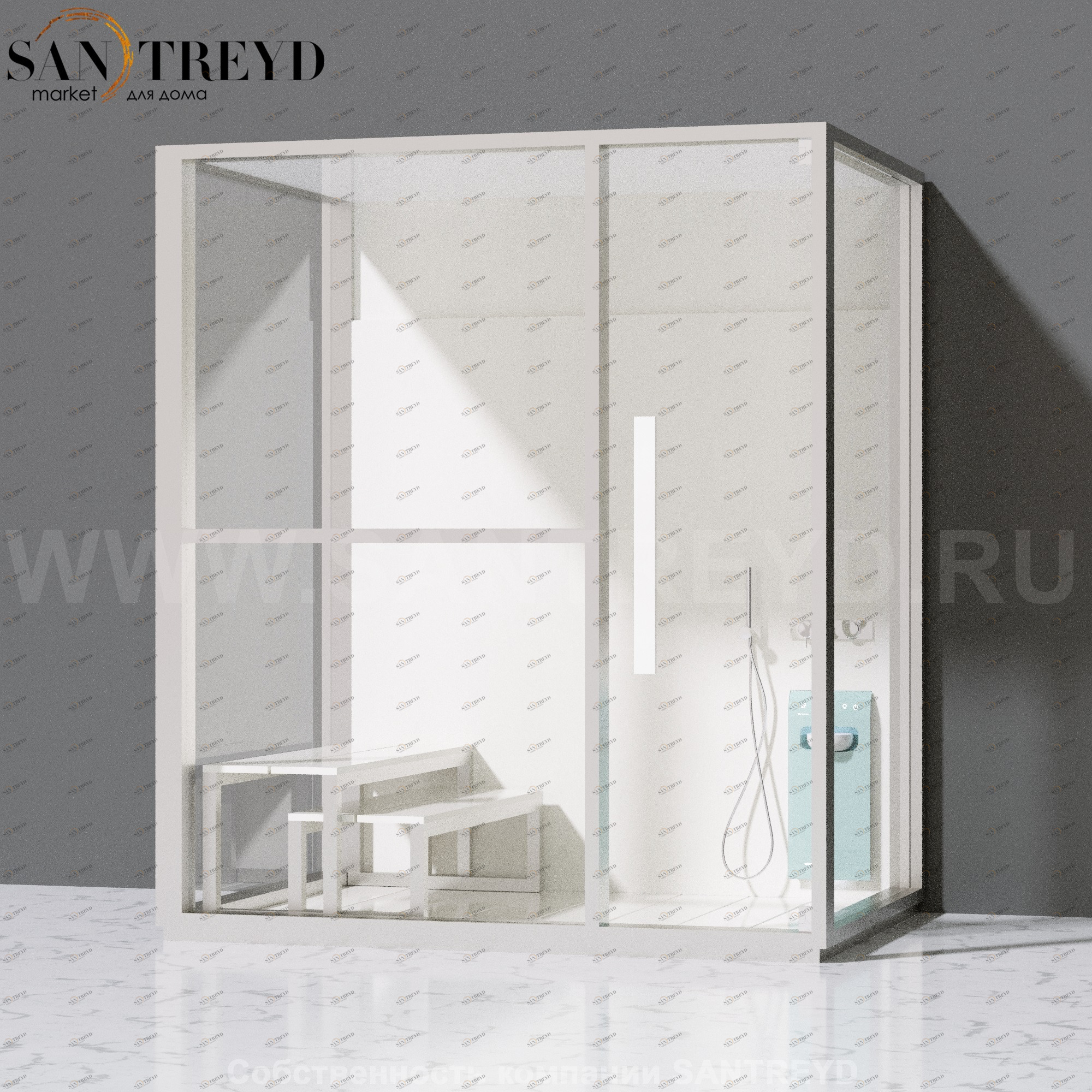 Effegibi H LARGE LO80020002 Комбинированная баня: хаммам и душ. Установка: к стене. Левая дверь. Мощность: 4,5 кВт макс. Размеры: длина 173 см, ширина 102 см. Отделка: матовый лакированный белый аллюминий и серый ламинат из керамогранита.