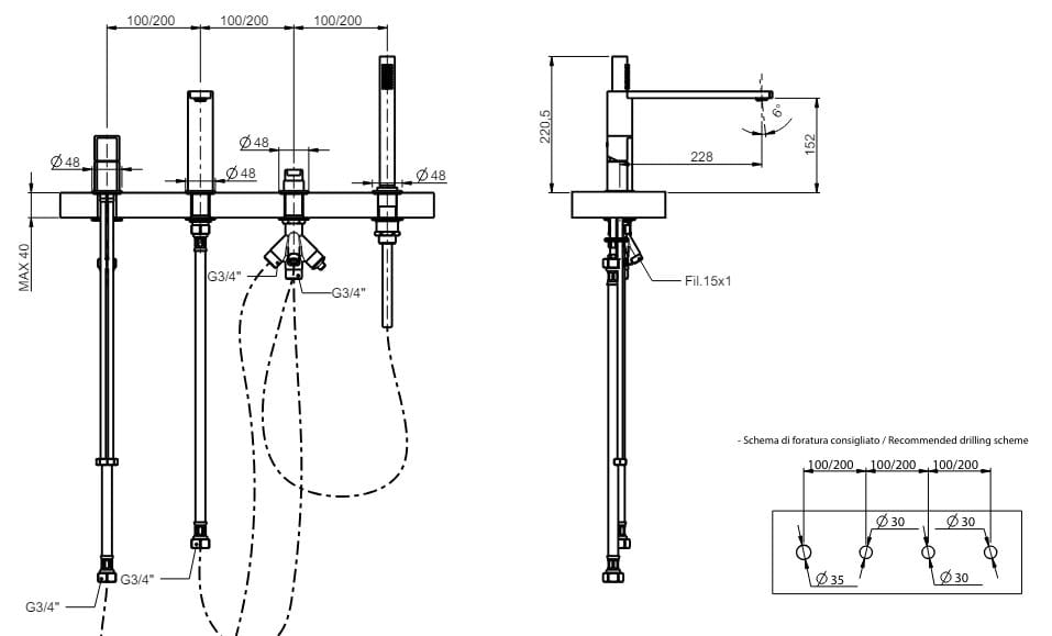 Однорычажный смеситель для ванны с 4 отверстиями из нержавеющей стали с ручным душем Rubinetterie Frattini Borgia ARCH-00126275 - Вид №1