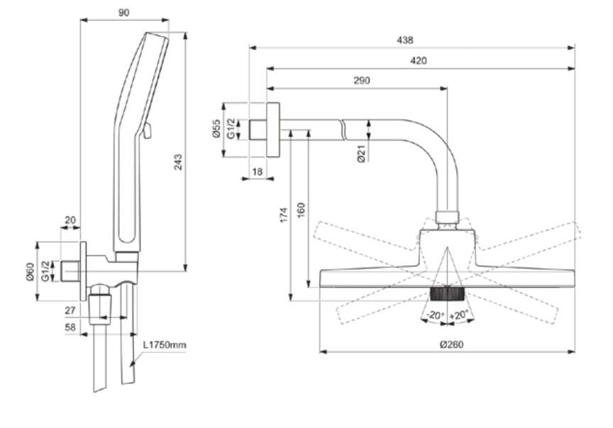 Набор для душа с ручным душем и душем Ideal Standard IDEALRAIN ARCH-00025056