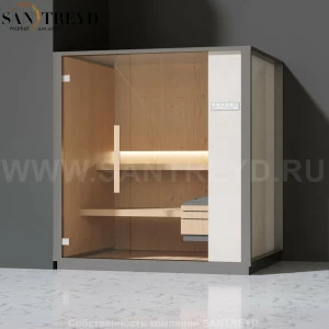 Effegibi ONE S LO50010005 Сауна. Установка: в левый угол. Правая дверь. Мощность: 6 кВт макс. Размеры: длина 214 см, ширина 171 см. Отделка: канадский хемлок, матовый лакированный серый аллюминий и бежевый ламинат из керамогранита.