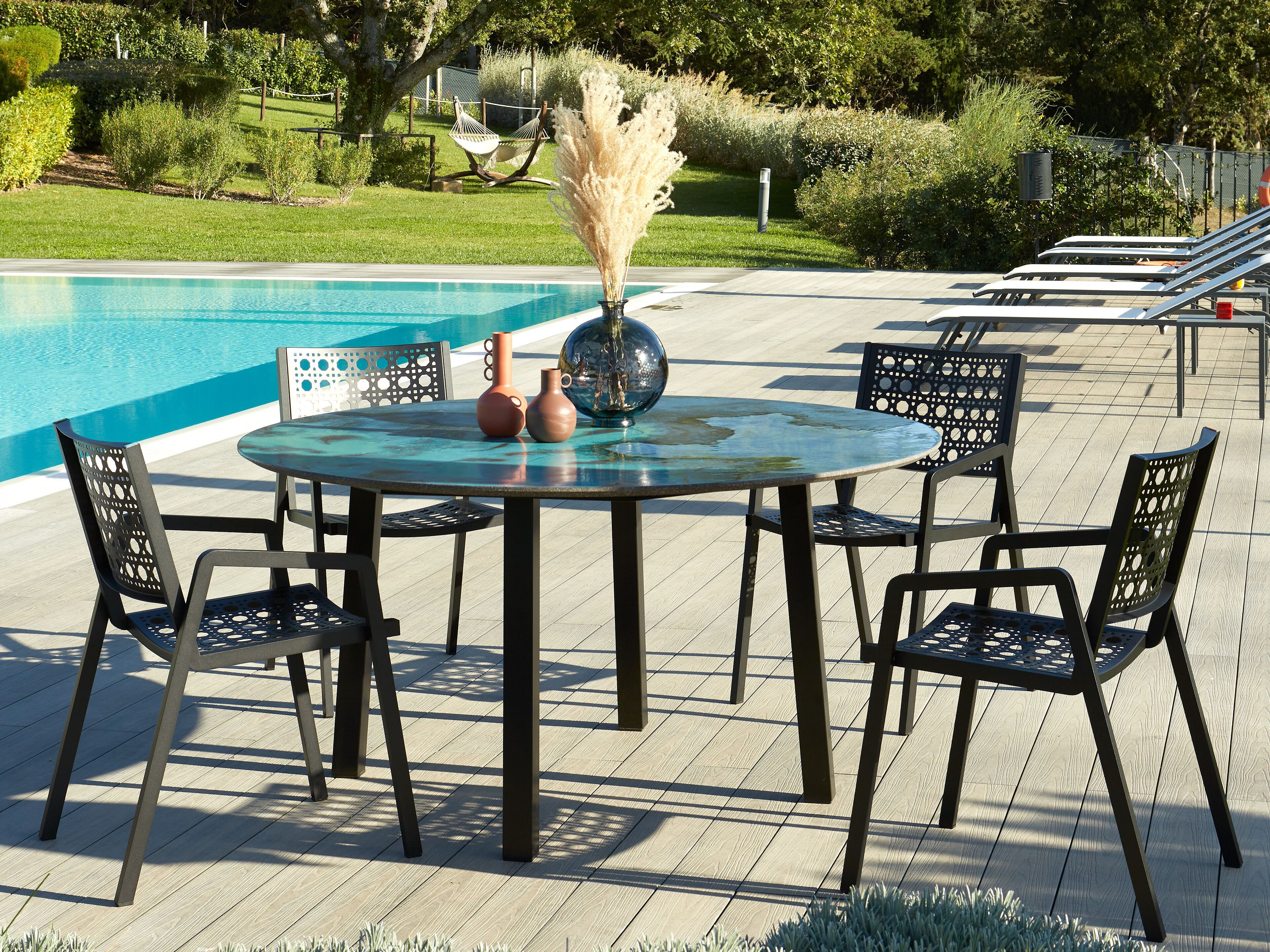 Круглый стол из фаянса и нержавеющей стали DOMIZIANI современный ARCH-00004250