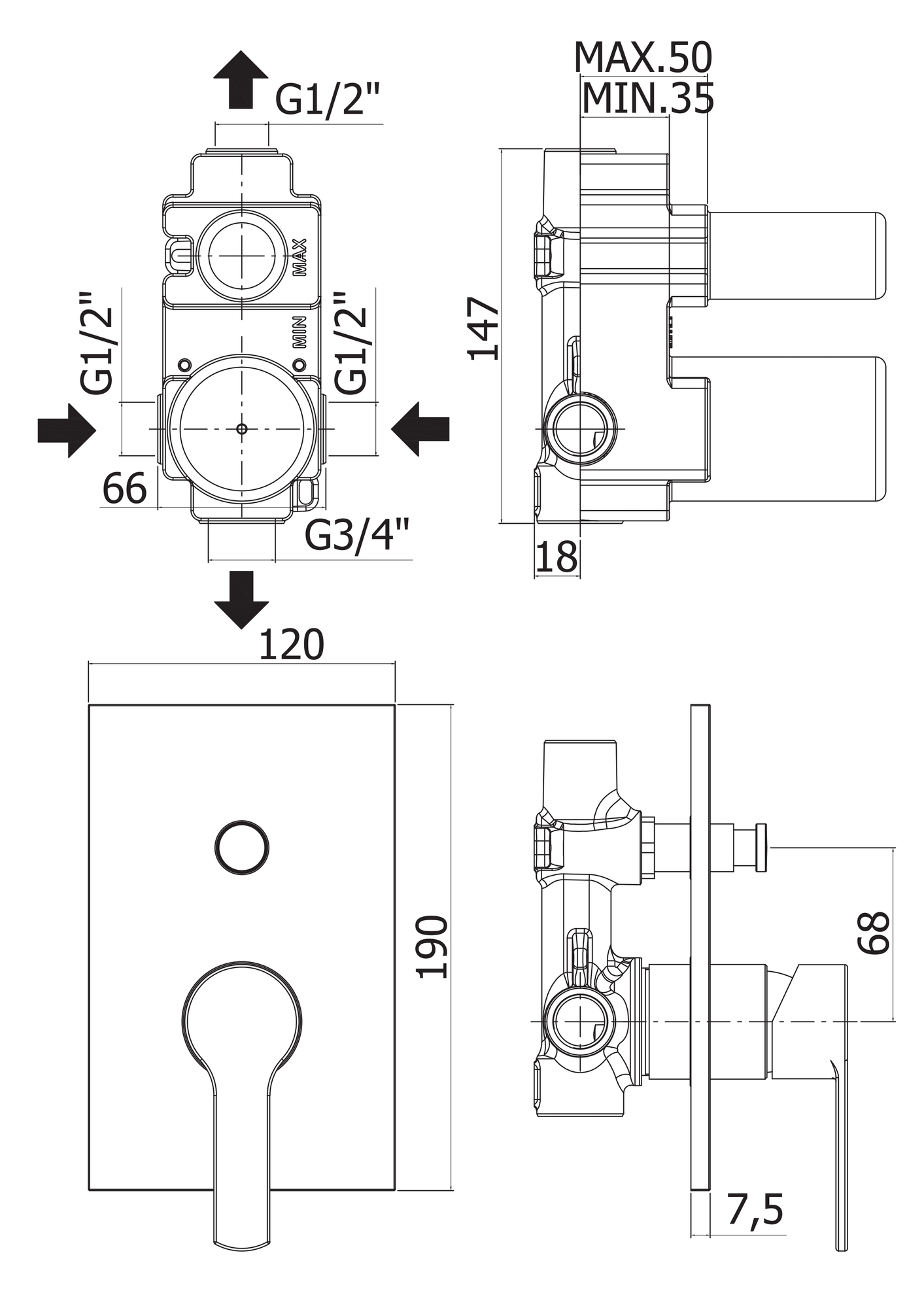 Встраиваемый однорычажный смеситель для душа с переключателем FUOCO-VDIM-01 Cezares - Вид №1