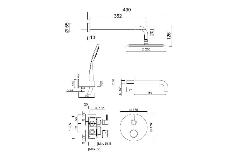 Встраиваемый смеситель для ванны с ручным душем Rubinetteria Giulini MyRing Deluxe ARCH-00141939 - Вид №2