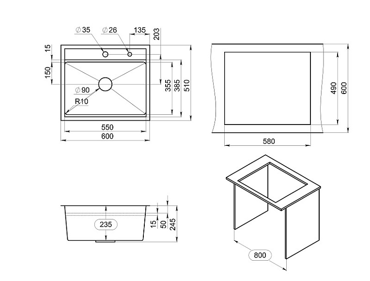 KS-6051, ЗОЛОТО САТИН, стальная кухонная мойка KITCHEN SPACE GRANULA 6051-ST355 - Вид №3