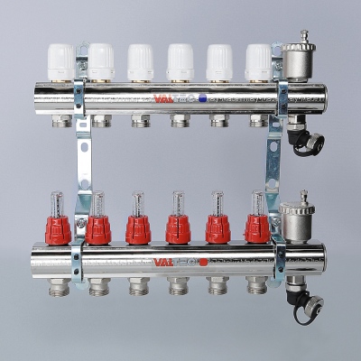 VTc.596.EMNX.0711 Коллекторный блок латунный с термостатическими клапанами и расходомерами Valtec 1 1/4", 11 x 3/4", "евроконус"  - Вид №8