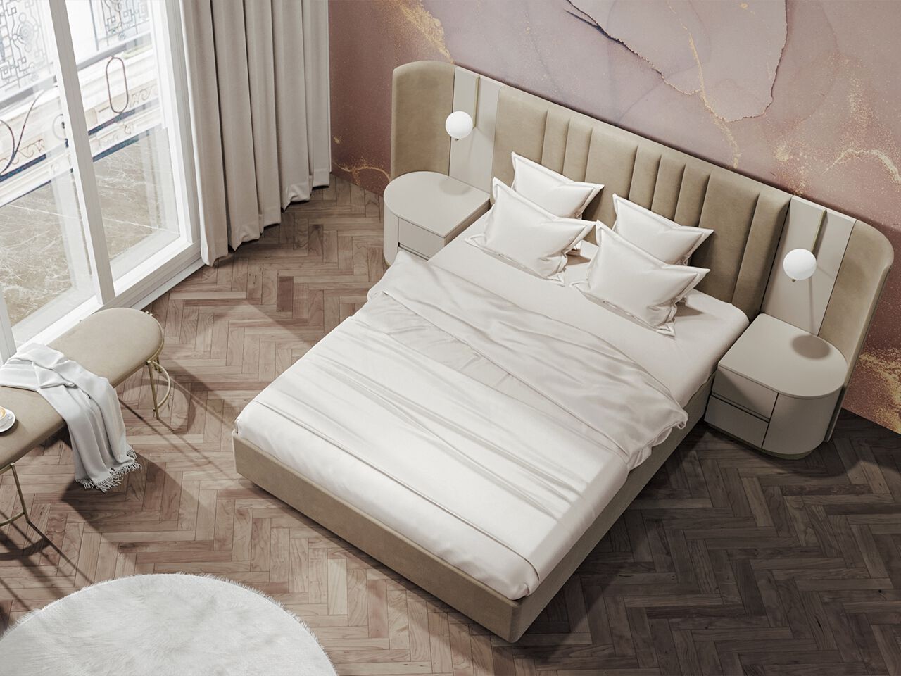 Двуспальная кровать из ткани со встроенным освещением NDESIGN румяна ARCH-00079866 - Вид №1