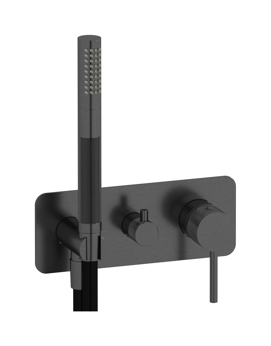 Внешние части встроенного в стену смесителя на 3 потребителя в комплекте с душевым гарнитуром. WE ARE IB id314cs Brushed Black Chrome Industria