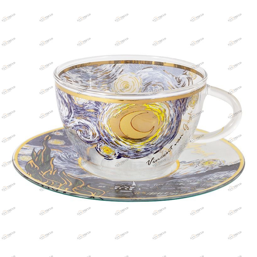 Чашка стеклянная с блюдцем голубая с желтым в подарочной упаковке "Звездная ночь" (В. Ван Гог) CARMANI В. ВАН ГОГ 00-3946865 Голубой;желтый 
