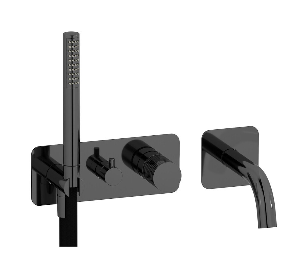 Настенный смеситель для ванной на дивертером и душевым гарнитуром. WE ARE IB ga398cf Black Chrome Gatsby