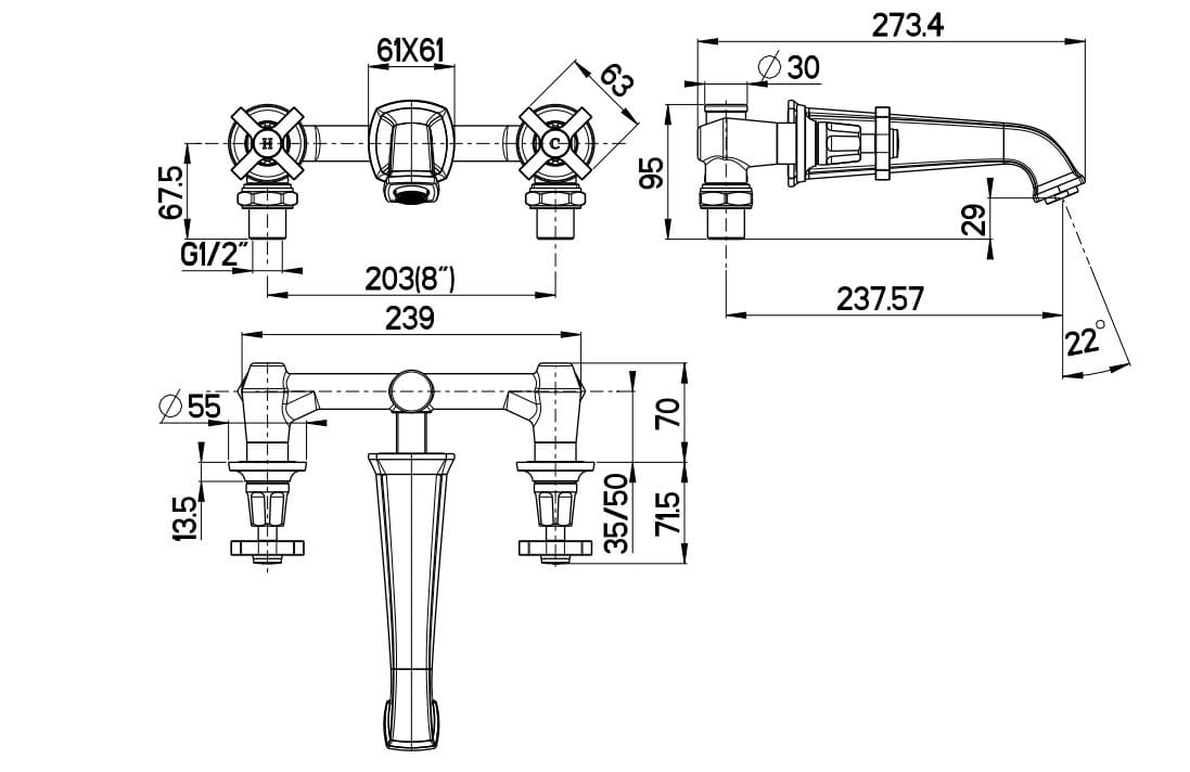 Настенный смеситель для раковины с 3 отверстиями Gaia Mobili Complements ARCH-00086677 - Вид №2