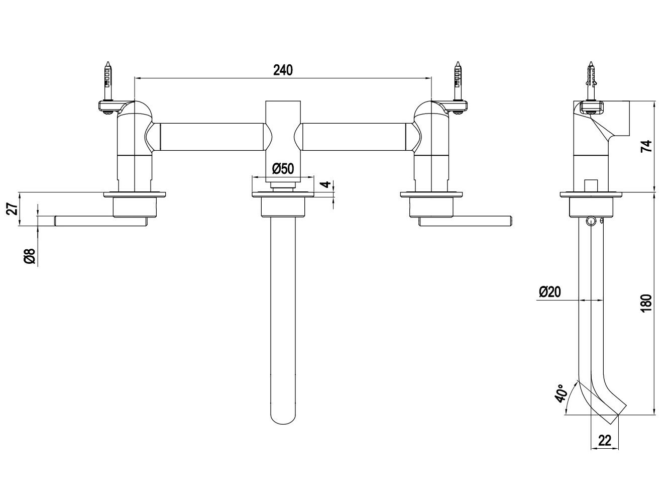 Настенный смеситель для раковины с 3 отверстиями CROSSWATER 3ONE6 LEVER ARCH-00115726 - Вид №2
