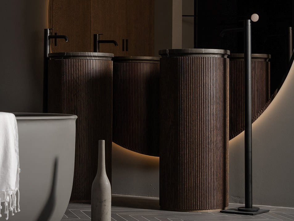 Круглый отдельно стоящий умывальник из мрамора и дуба Inbani решетки ARCH-00019008 - Вид №1