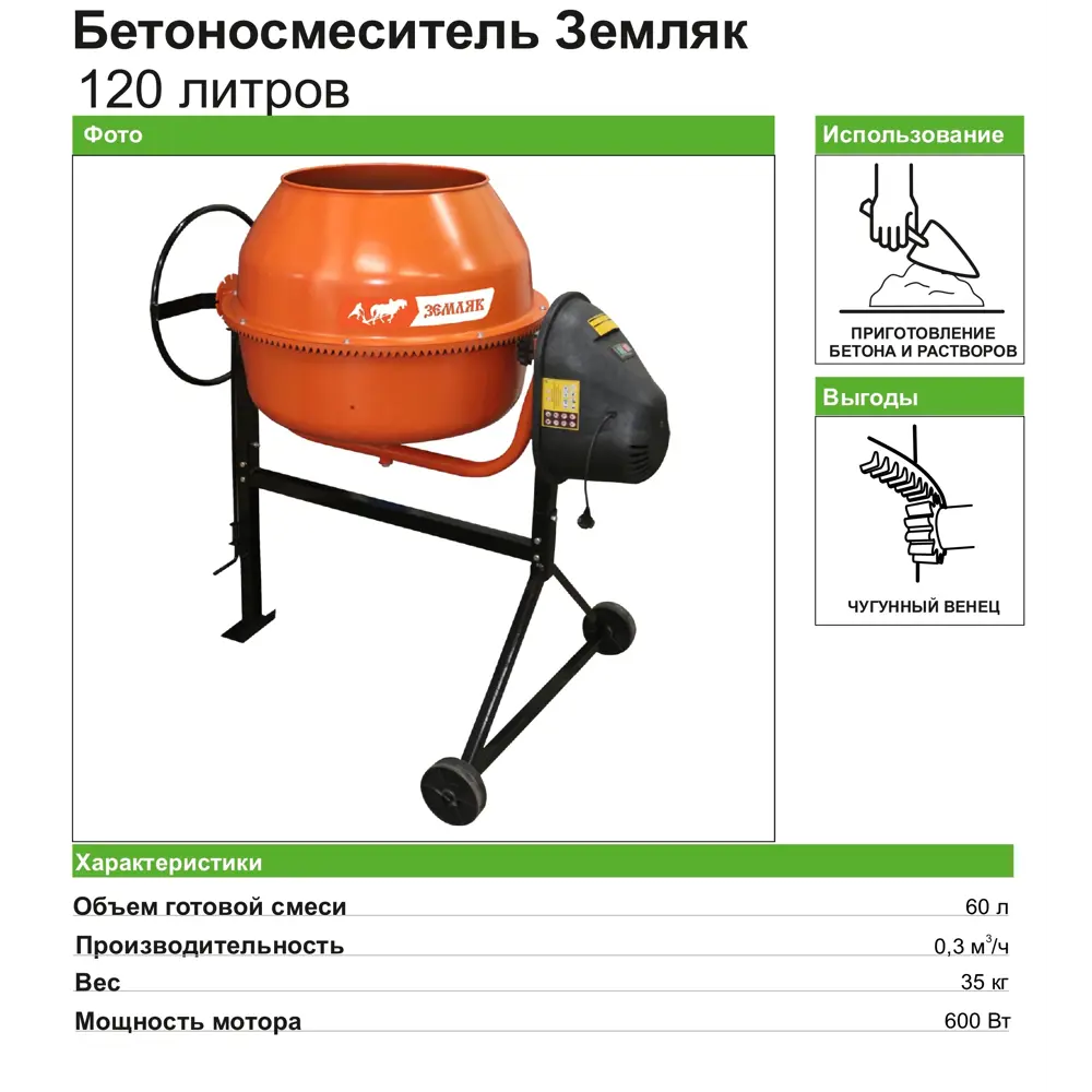 Бетоносмеситель ЗЕМЛЯК БСЭ-120 с колесами для стройки 82305243 STLM-0024292 - Вид №2