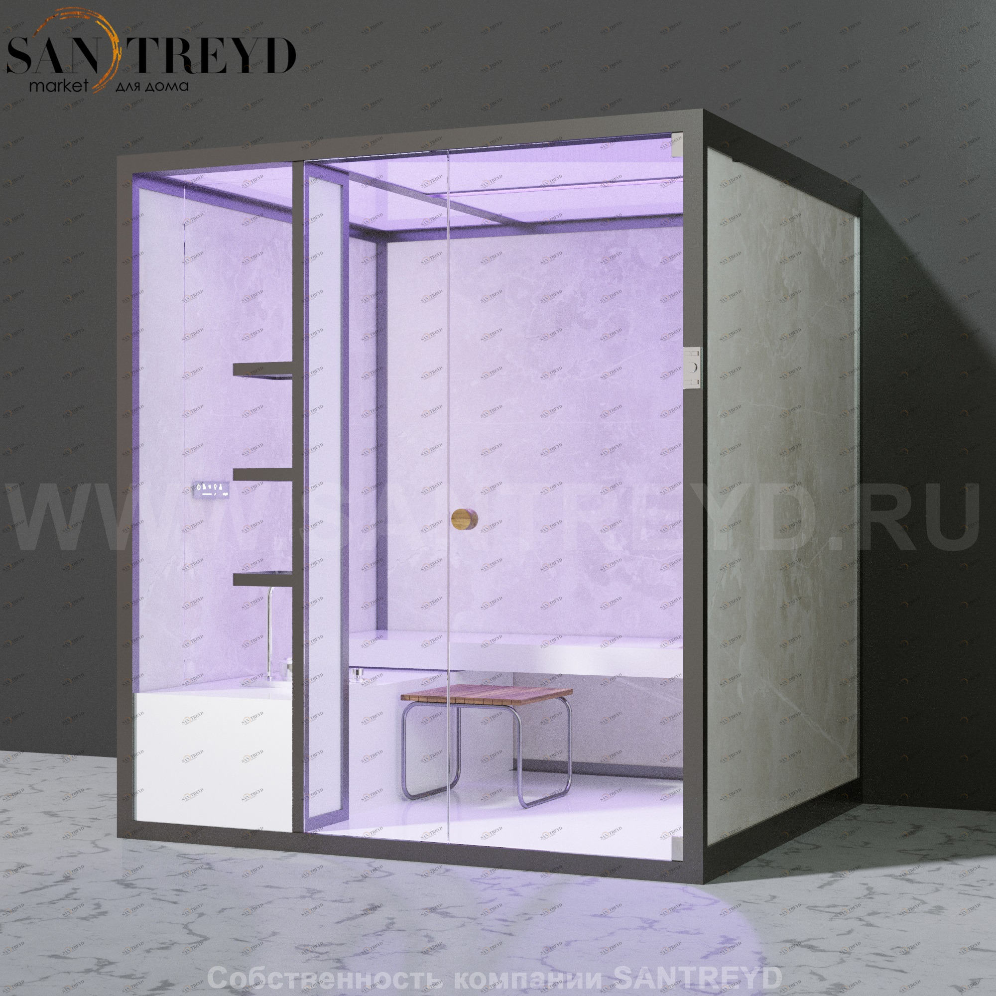 Effegibi BODYLOVE H BL30010006 Хаммам. Установка: к стене. Мощность: 7 кВт макс. Размеры: длина 200 см, ширина 176 см. Отделка: светлый керамогранит.