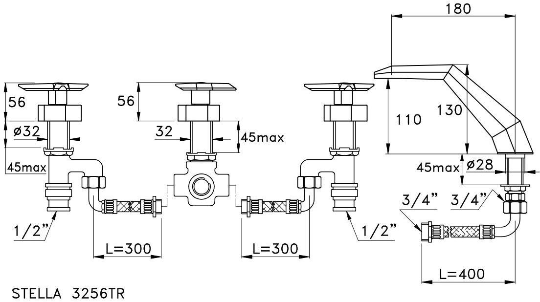 RUBINETTERIE STELLA Комплект для ванны на 4 отверстия с переключателем Stella 3256 - Вид №1