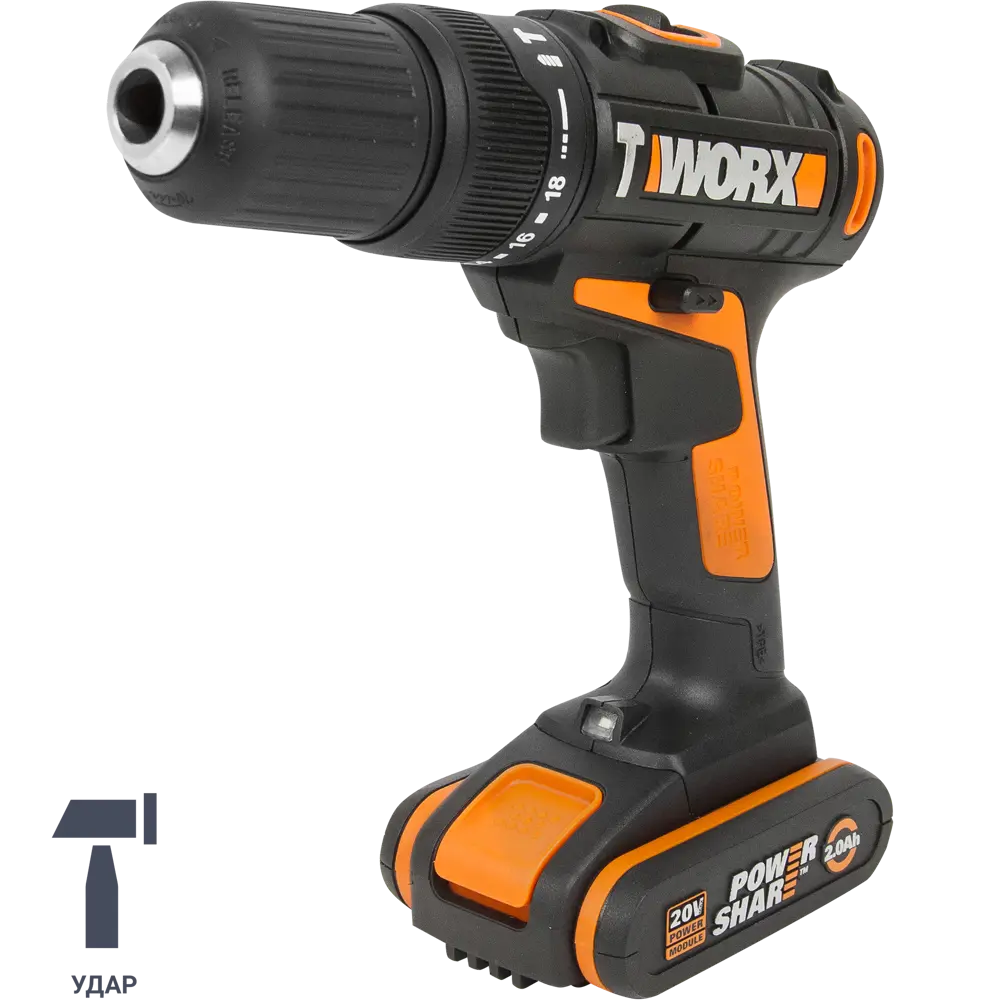 Дрель-шуруповерт аккумуляторная Worx WX371.1, 20 В Li-ion 2x2 Ач STLM-2192227