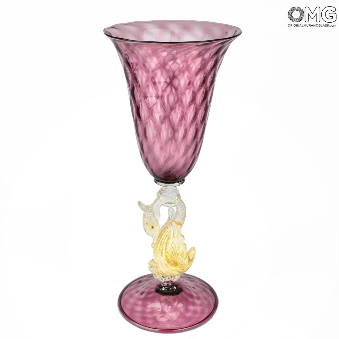 1927 ORIGINALMURANOGLASS Венецианский бокал Фиолетовый с золотым лебедем - муранское стекло 9 см  - Вид №1