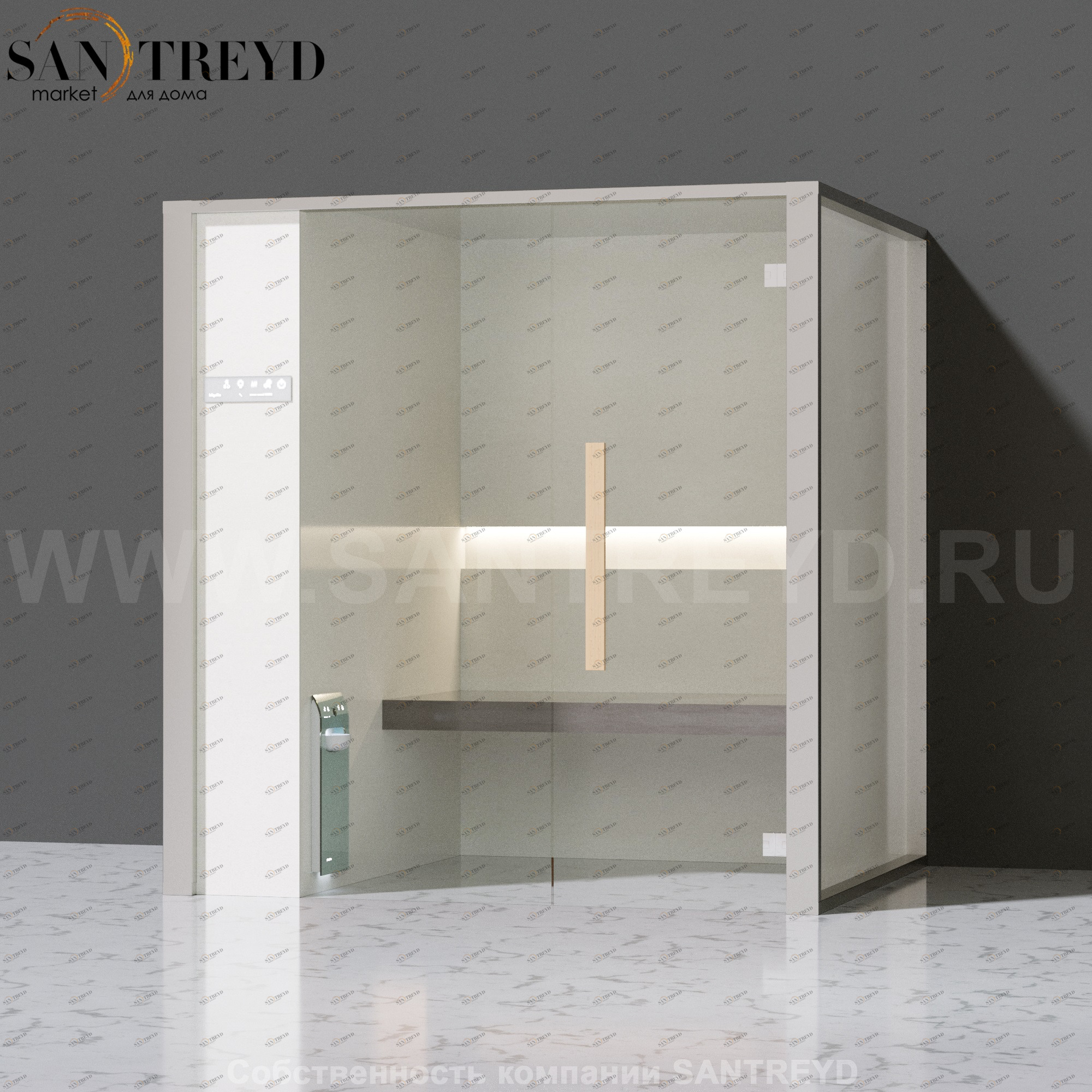 Effegibi ONEFILO H LO61020002 Хаммам. Установка: к стене. Левая дверь. Мощность: 4,5 кВт макс. Размеры: длина 214 см, ширина 171 см. Отделка: матовый лакированный белый аллюминий и серый ламинат из керамогранита.