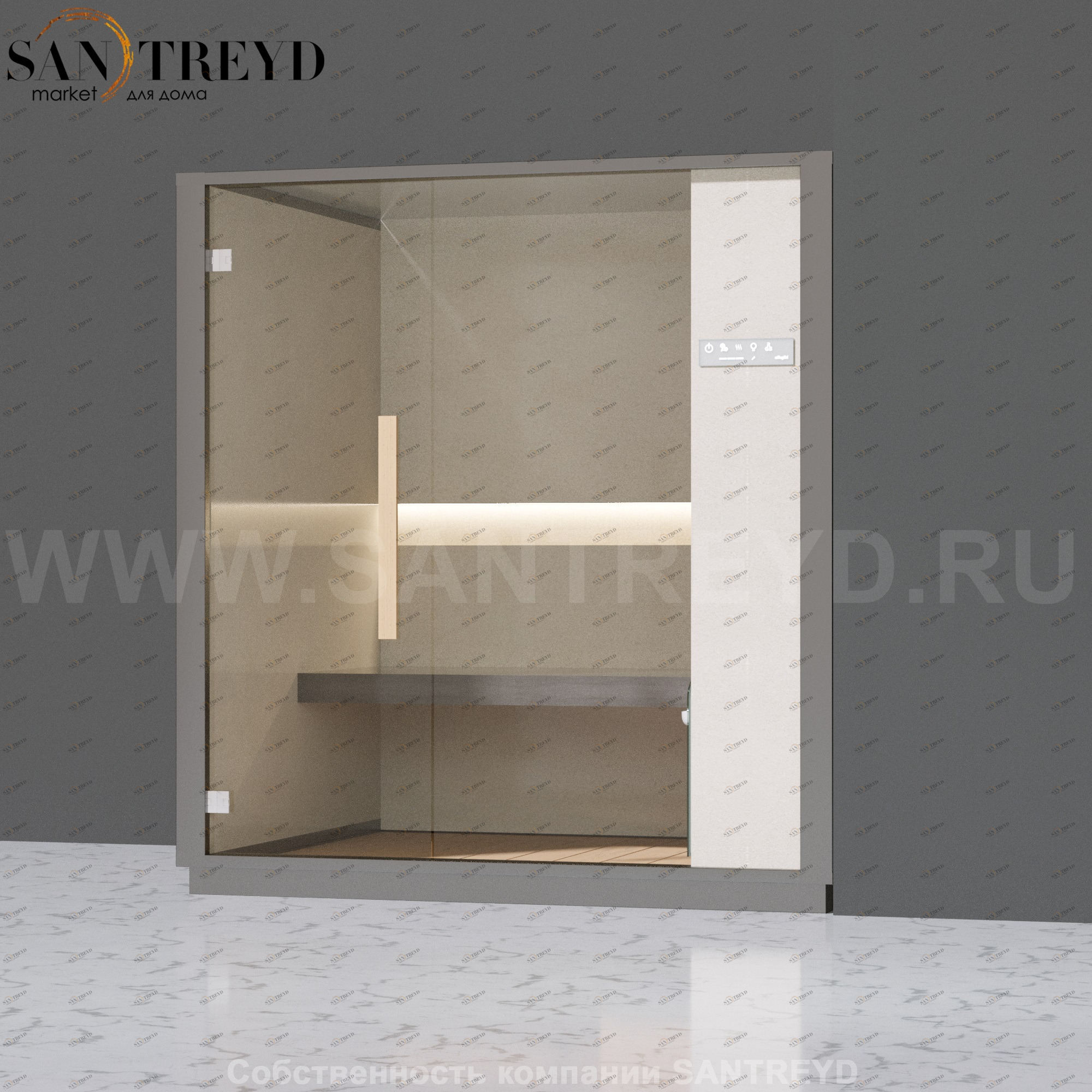 Effegibi ONE H LO60010007 Хаммам. Установка: в правый угол. Правая дверь. Мощность: 4,5 кВт макс. Размеры: длина 214 см, ширина 171 см. Отделка: матовый лакированный серый аллюминий и бежевый ламинат из керамогранита.