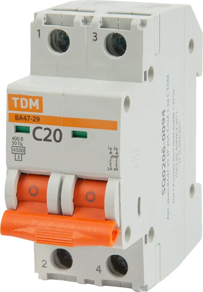 Автоматический выключатель TDM Electric ВА47-29 2P C20А для защиты электросетей 84399477