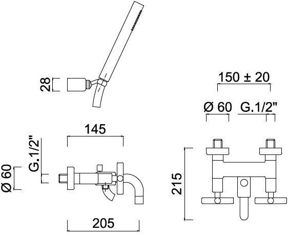 Rubinetteria Giulini Настенный смеситель для ванны с ручным душем G3 F7601 - Вид №1