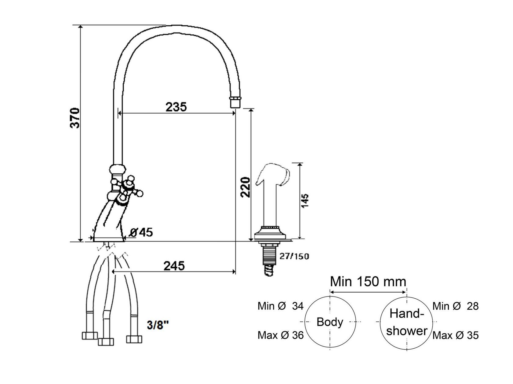 Смеситель для кухни на одно отверстие с ручным душем rvb 1920-1921 ARCH-00107744 - Вид №1