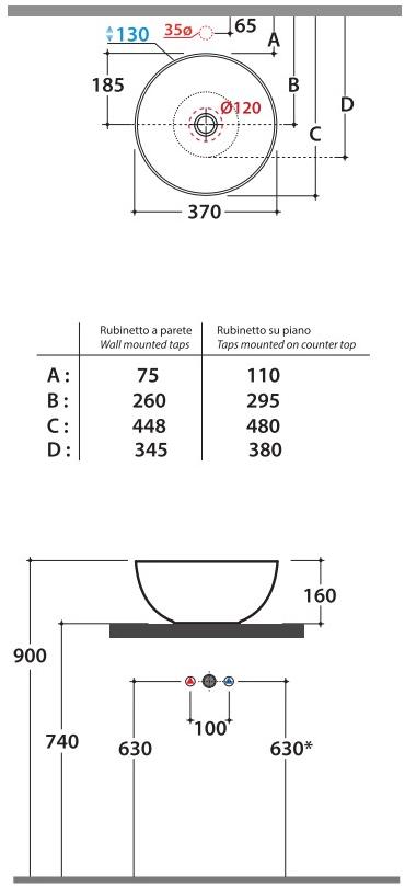 B6t45.bi / b6t37.bi Накладная раковина на столешницу  овальная Ceramica Globo T-EDGE - Вид №5