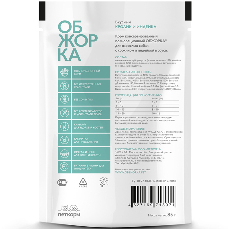 ПР0051898 Корм для собак кусочки в соусе с кроликом и индейкой пауч 85г ОБЖОРКА  - Вид №1