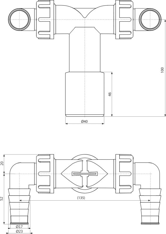 Колено с двумя штуцерами DN40/32 / 17–23 с обратными клапанами ALCAPLAST P155Z - Вид №1