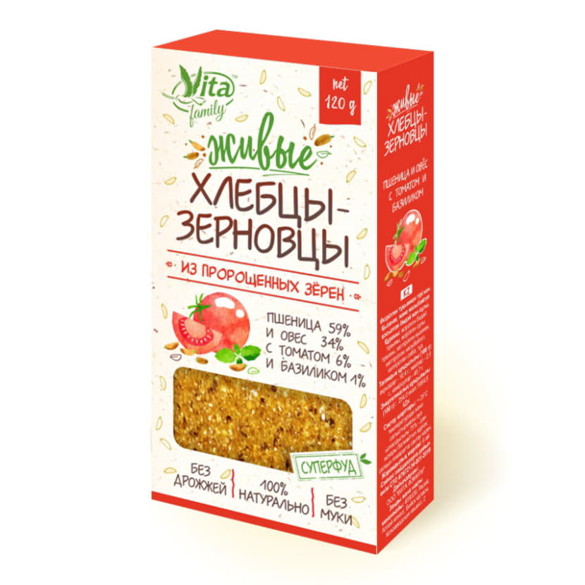 Живые хлебцы-зерновцы с томатом и базиликом ПШЕНИЦА И ОВЕС Vita 120 г Santreyd 12937