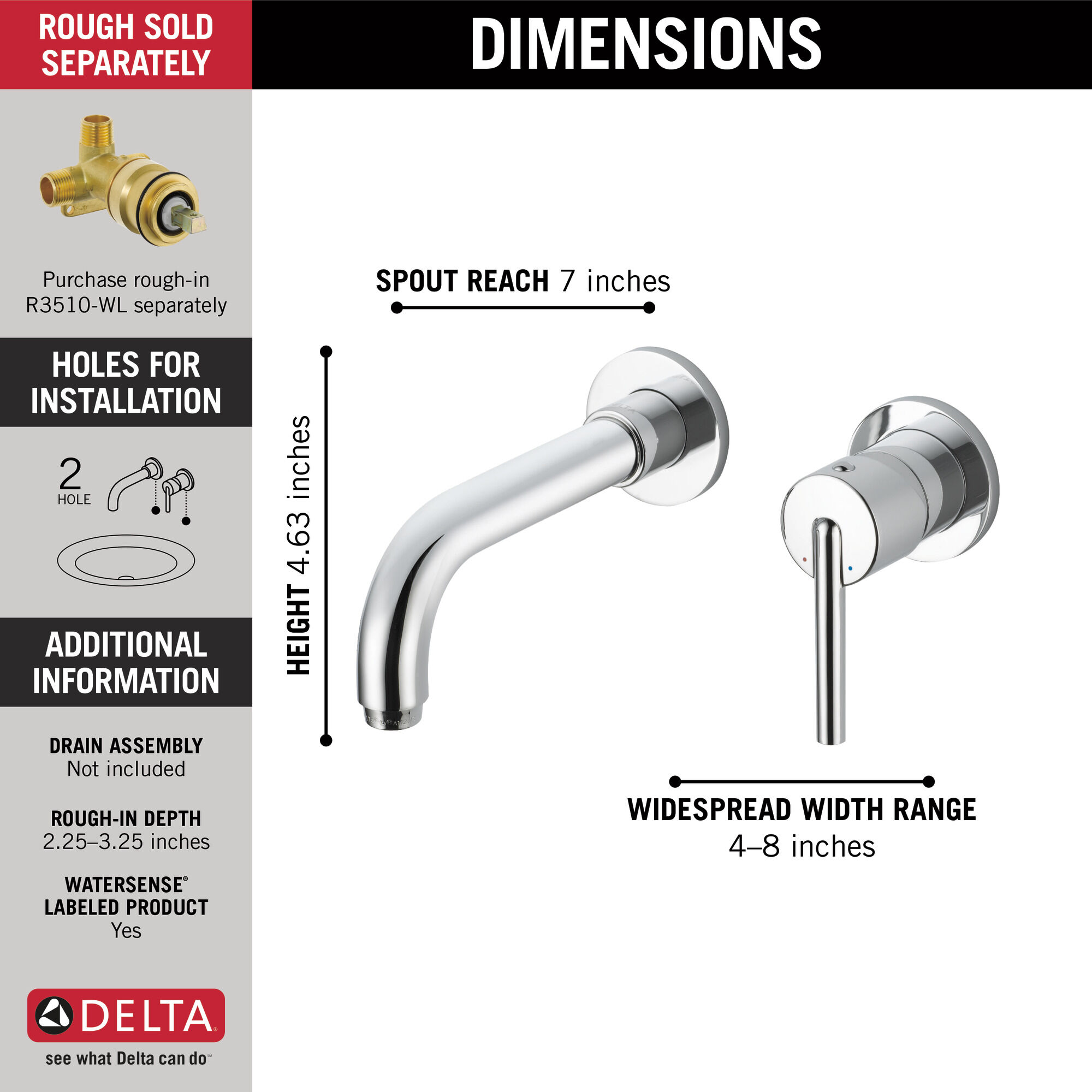 T3559LF-WL Накладка для смесителя для ванной комнаты с одной ручкой на стене Delta Faucet Trinsic Хром  - Вид №2