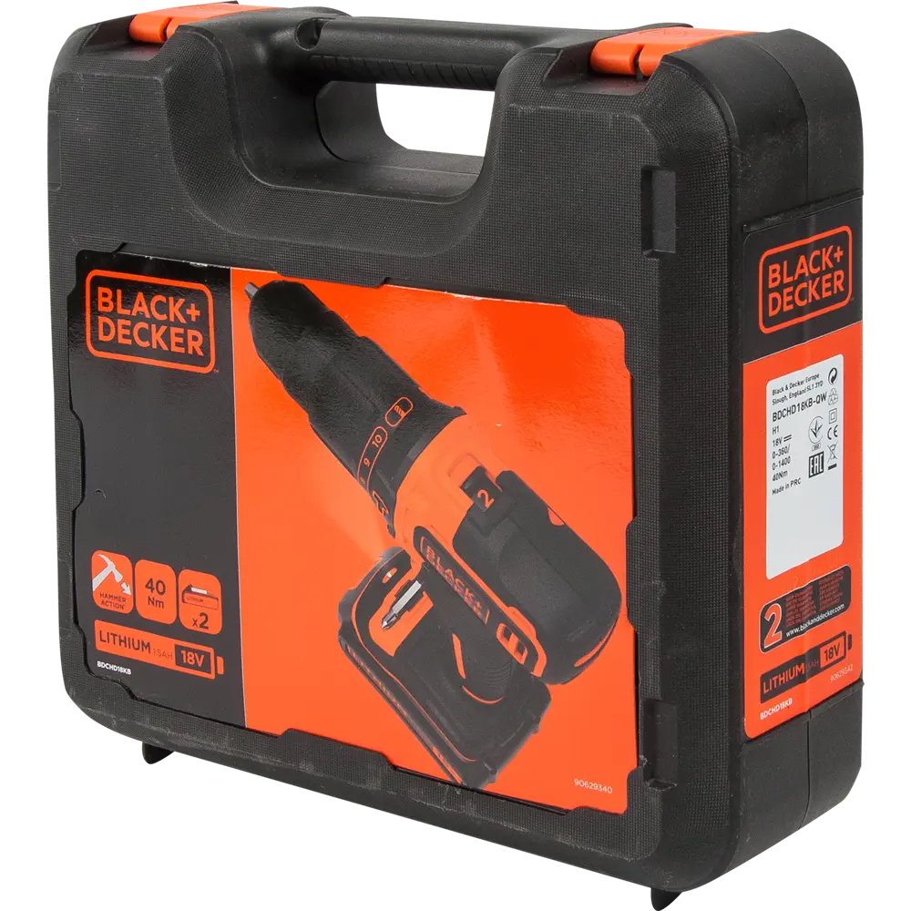 Дрель-шуруповерт аккумуляторная ударная Black&Decker BDCHD18KBQW, 18 В Li-ion 2x1.5 Ач BLACK + DECKER STLM-2094937 - Вид №6