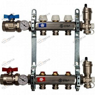 Распределительный коллектор из нерж. стали STOUT в сборе 3/4" х 1/4" х 3 выхода без расходомеров SMS0912000003