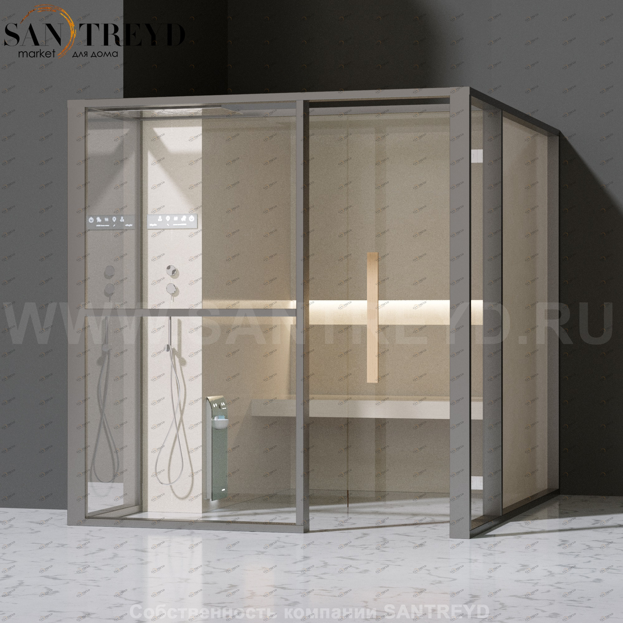 Effegibi LOGICAFILO H LO31010014 Хаммам. Установка: в левый  полуугол. Левая дверь. Мощность: 4,5 кВт макс. Размеры: длина 214 см, ширина 250 см. Отделка: матовый лакированный серый аллюминий и бежевый ламинат из керамогранита.