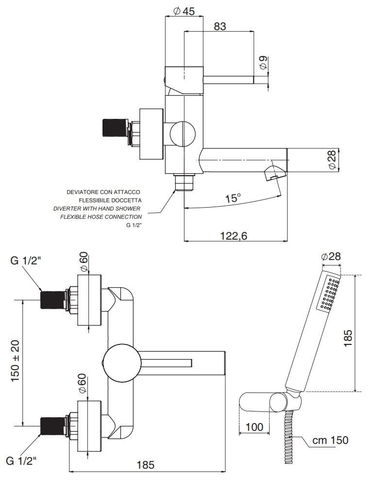 Латунный настенный набор для ванны с 2 отверстиями и ручным душем Rubinetterie Mariani Ultraminimal ARCH-00083979 - Вид №2