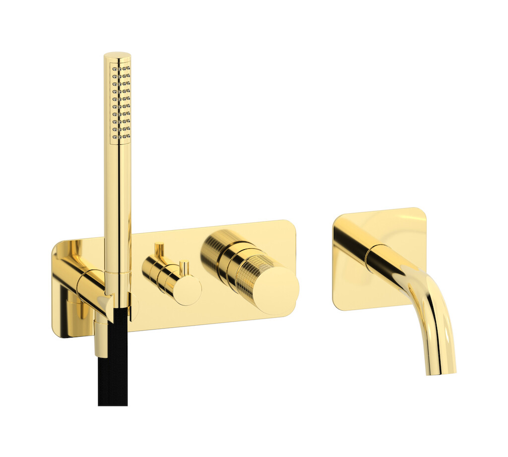Настенный смеситель для ванной на дивертером и душевым гарнитуром. WE ARE IB ga398ii Pale Gold Gatsby