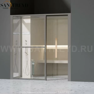 Effegibi LOGICAFILO H LO31010010 Хаммам. Установка: в нишу. Левая дверь. Мощность: 4,5 кВт макс. Размеры: длина 214 см, ширина 250 см. Отделка: матовый лакированный серый аллюминий и бежевый ламинат из керамогранита.