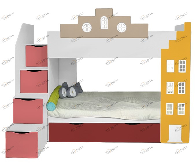 Кровать подростковая двухъярусная с дополнительным спальным местом правая "Амстердам" МАНДАРИН АМСТЕРДАМ 179538 Разноцветный;белый;розовый Santreyd 