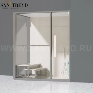 Effegibi H LARGE LO80010006 Комбинированная баня: хаммам и душ. Установка: в правый угол. Левая дверь. Мощность: 4,5 кВт макс. Размеры: длина 173 см, ширина 102 см. Отделка: матовый лакированный серый аллюминий и бежевый ламинат из керамогранита.