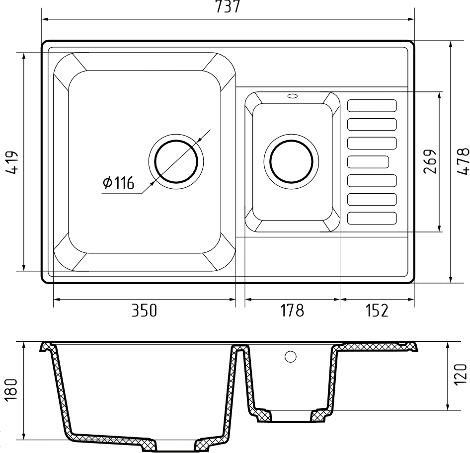 Кухонная мойка Кварц QUARZ S424 GranFest 21К-S424 - Вид №1