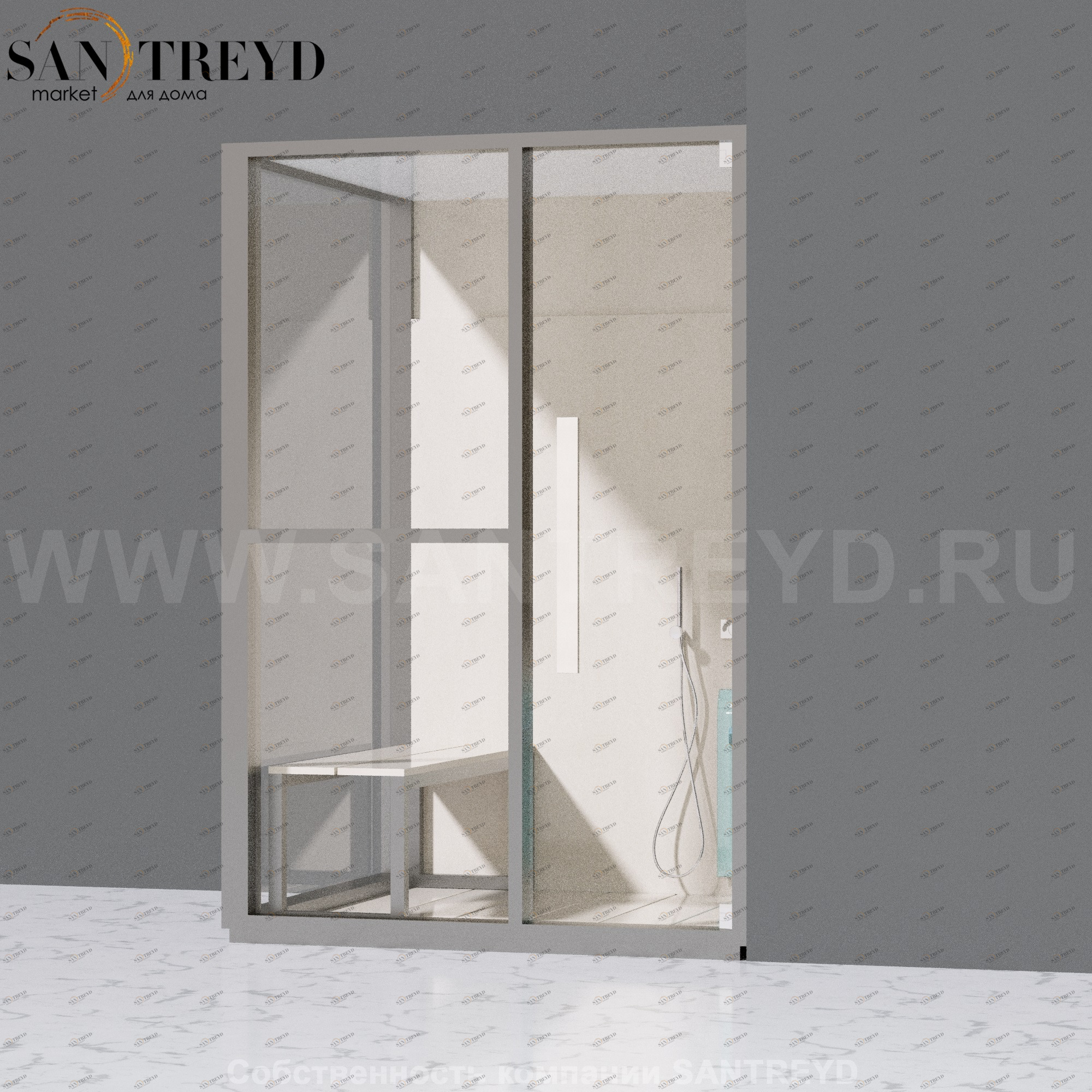 Effegibi H MEDIUM LO81010006 Комбинированная баня: хаммам и душ. Установка: в правый угол. Левая дверь. Мощность: 3 кВт макс. Размеры: длина 152 см, ширина 102 см. Отделка: матовый лакированный серый аллюминий и бежевый ламинат из керамогранита.