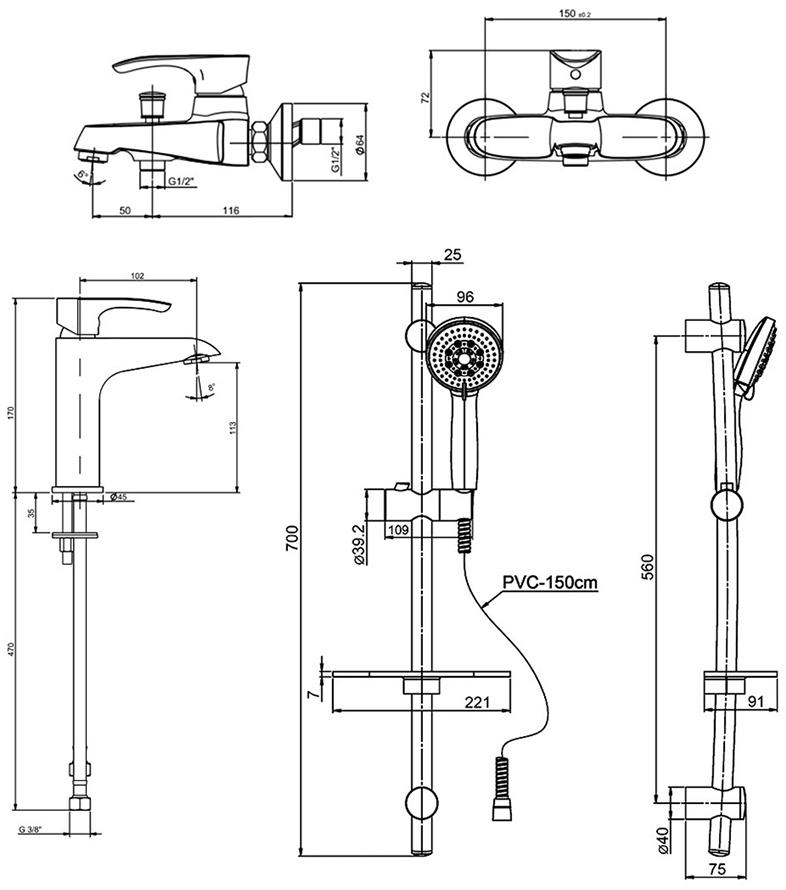 Paini Palermo PACRKIT3 - 3 в 1 комплект для раковины и ванны со стойкой  - Вид №3
