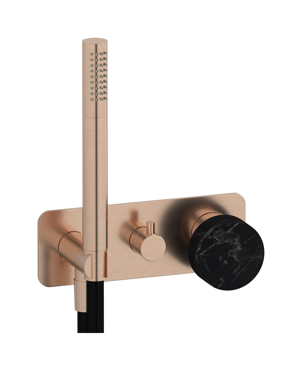 Внешние части встроенного в стену смесителя на 2 потребителя в комплекте с душевым гарнитуром. WE ARE IB mr313sr_2 Brushed Rose Gold Marmo